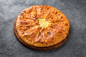 Khachapuri. Ready menu for the restaurant. Neutral gray blue textured background