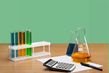 Biological experiment presentation with water in biological test tubes. Production of cosmetics