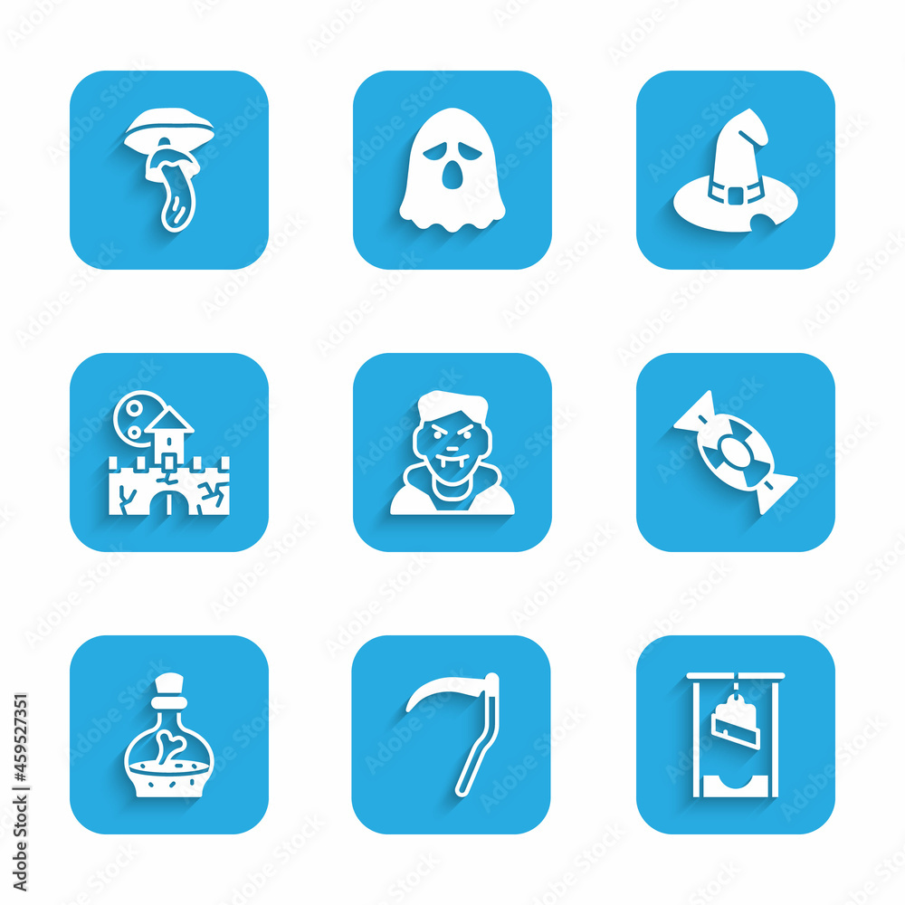 Sticker Set Vampire, Scythe, Guillotine, Candy, Bottle with potion, Castle, fortress, Witch hat and Psilocybin mushroom icon. Vector