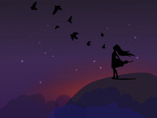 Fototapeta na wymiar silhouette of a girl on a background of the starry sky.