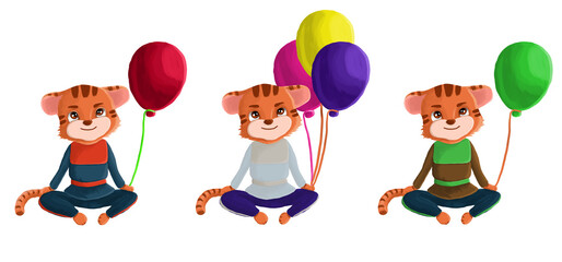 a set of tigers with balloons in sports uniform. Isolate on a white background. Cartun cute style.