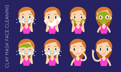 Face Cleaning And Care. Green Clay Mask Step-by-Step Actions Set.