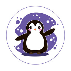 Vector character cute baby penguin on purple background. Nice flat style clipart.
