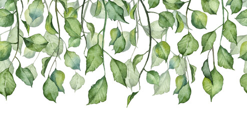 Long seamless banner with hanging leaves on twigs. Watercolor hand painted botany green fresh leaves. Design element header with realistic plants