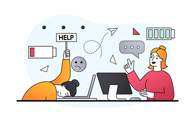 Work efficiency and professional burnout. Comparison of tired employee who asks for help and employee full of energy who performs tasks. Cartoon flat vector illustration isolated on white background