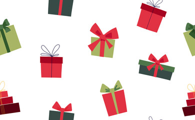 Seamless pattern with red and green Christmas gift boxes.