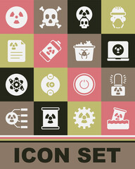 Set Radioactive waste in barrel, warning lamp, Nuclear laptop, energy battery, Radiation document, and Infectious icon. Vector