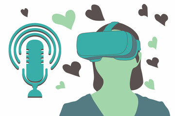VR PODCAST concept vector illustration. Woman using VR glasses, podcast icon and floating hearts. VR experience.