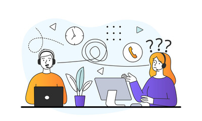 Bad communication concept. Woman does not understand message well because of weak signal. Man talking on phone through chaos. Cartoon doodle flat vector illustration isolated on white background