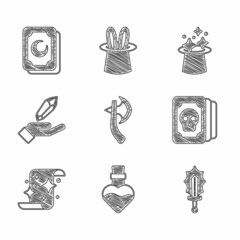 Set Wooden axe, Bottle with potion, Magic sword in fire, Tarot cards, scroll, stone, hat and icon. Vector