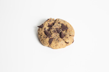 Chocolate chip cookies isolated on white background. Sweet dessert biscuits. Homemade pastry. Top close shot.
