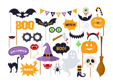 Halloween photo booth props. Vector set of party photo mask and props with devil hat, pumpkin, skull, spider, ghost, bat, zombie glasses, speech bubbles. Festival accessories. Happy Halloween stickers