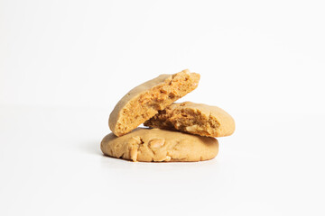 Chocolate chip cookies isolated on white background. Sweet dessert biscuits. Homemade pastry. Red velvet cookies on White Background. Top close shot.