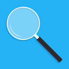 Cartoon magnifying glass with shadow. Magnifier loupe with transparent glass and dark handle. Search and inspection symbol. Business concept. Science or school supplies. Vector illustration