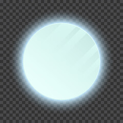 Realistic bathroom round mirror with backlight on transparent background. Wall mounted LED vanity backlit mirror. Reflective glass surface. 3d template design for decor interior. Vector illustration