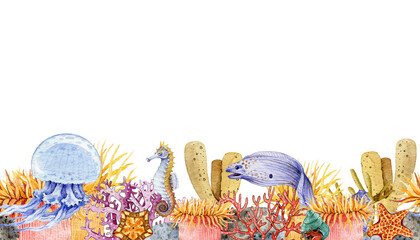 Coral reef seamles border. Watercolor illustration. Jellyfish, corals, seahorse in beautiful underwater sea creature seamles border. Hand drawn colorful aquatic sealife decor. White background © anitapol