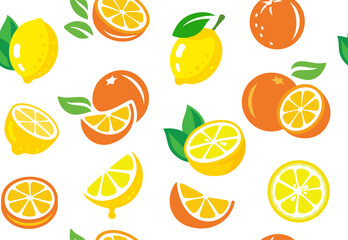 Seamless pattern with lemons and oranges vector, tropic fruits, leaves.