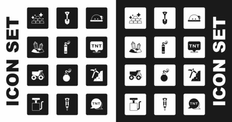 Set Miner helmet, Dynamite, Gem stone, Gold bars, Shovel, Pickaxe and Mining dump truck icon. Vector © Kostiantyn