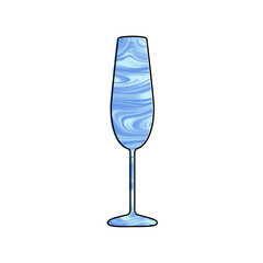 Champagne glass with blue texture. Line art. Holiday decoration element. 