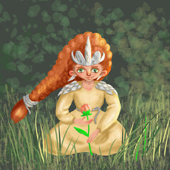 the girl collects herbs and flowers and wears silver jewelry