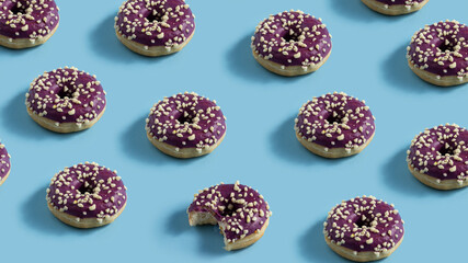 Many  blueberry glazed donuts with and nuts  and one bitten donut on baby blue background.