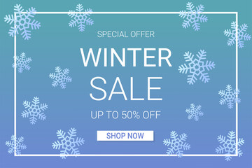 Naklejka na ściany i meble Winter sale horizontal banner template. Discount text on blue gradient background with snowflakes and frame.