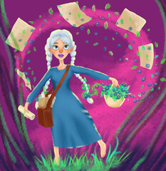 a girl with two white braids and a basket of flowers. Kartun style.