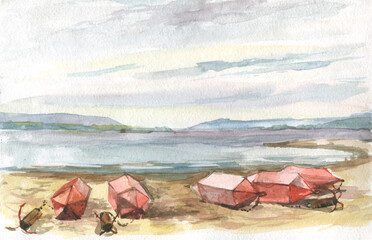 buoys on the river bank watercolor  - 459532183