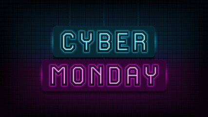 Neon Cyber Monday sale, blue and purple light. Glowing neon text of Cyber Monday