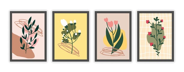 Set of modern floral abstract minimal covers on white background. Cute colorful geometric background with various flowers. Flat cartoon vector illustration