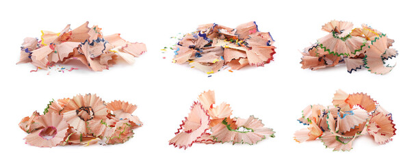 Set with different pencil shavings on white background. Banner design
