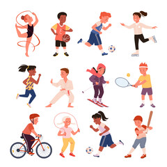 Kids doing sports exercises set vector illustration. Cartoon cute happy boy girl run, child play football soccer, baseball and tennis, jump rope, active young children characters isolated on white