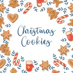 Obraz premium Christmas card with ginger cookies, holiday festive dessert. Winter gingerbread xmas card. Greeting card with decorated season food.