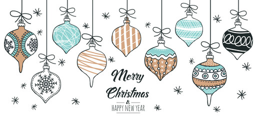 Set of hand drawn christmas baubles. Decoration isolated elements. Doodles and sketches vector illustration