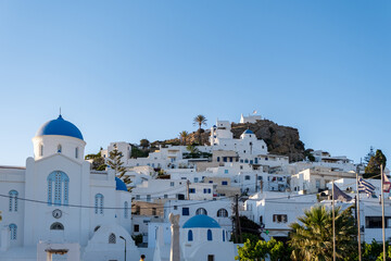 Evangelismos Cathedral Orthodox church background at Ios Nios island Chora Cyclades  Greece.