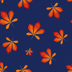 Seamless pattern with chestnut  leaves in Orange, Brown and Yellow isolated on dark blue . Perfect for wallpaper, gift paper, pattern fills, autumn greeting cards