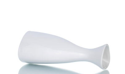 One white ceramic decorative flower vase, close-up, isolated on white.