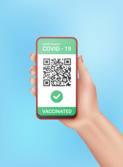 Hand holding mobile phone with digital health passport app for travel during covid-19 pandemic. green certificate vector illustration
