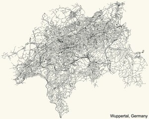 Detailed navigation urban street roads map on vintage beige background of the German regional capital city of Wuppertal, Germany