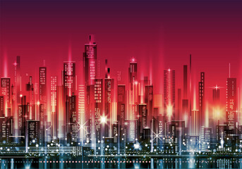 Urban skyline with downtown skyscrapers, glowing office buildings