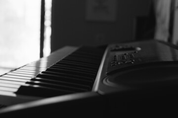 Close up on electronic piano music keyboard keys with sunlight entering through window. Home...