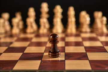 Chess figures on chessboard on retro background, Queen gambit