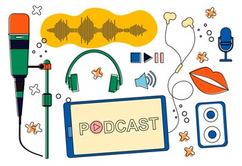 Headphones, microphone, equalizer, speech bubbles and other podcast equipment on white background. Concept of podcast recording, broadcasting, audio streaming service. Flat cartoon vector illustration