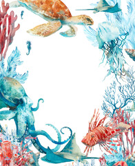 Underwater life cover illustration. Frame hand painted with watercolor. Sea animals, fishes and plants.