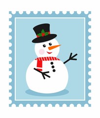 Christmas post stamp with snowman. Merry Christmas vector illustration.