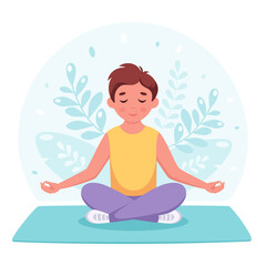 Boy meditating in lotus pose. Gymnastic, yoga and meditation for children. Vector illustration