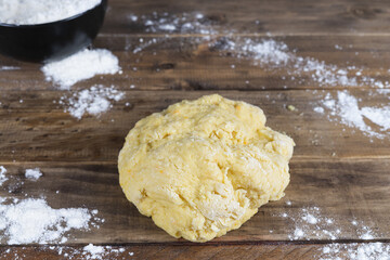 Process of elaboration of dough for pan de muerto. Bakery concept. Copy space.