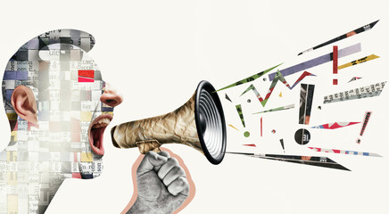 Speaker with megaphone in his hand. Art collage. Concept of communication.