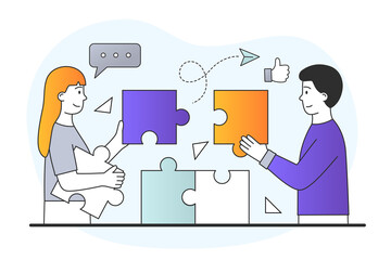 Male and female characters are working together to assemble puzzle pieces on white background. Concept of teamwork. Flat cartoon vector illustration