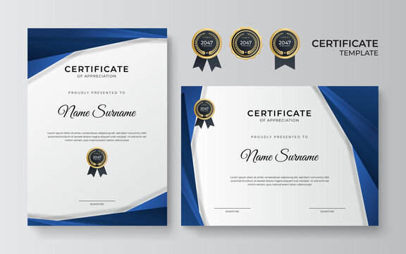 Modern blue certificate template and border, for award, diploma, and printing